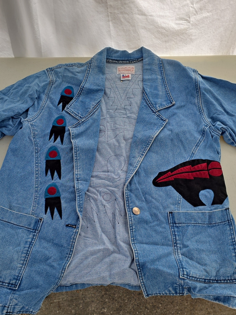 Sundance Light Blue Denim Jacket with Black & Red Patchwork